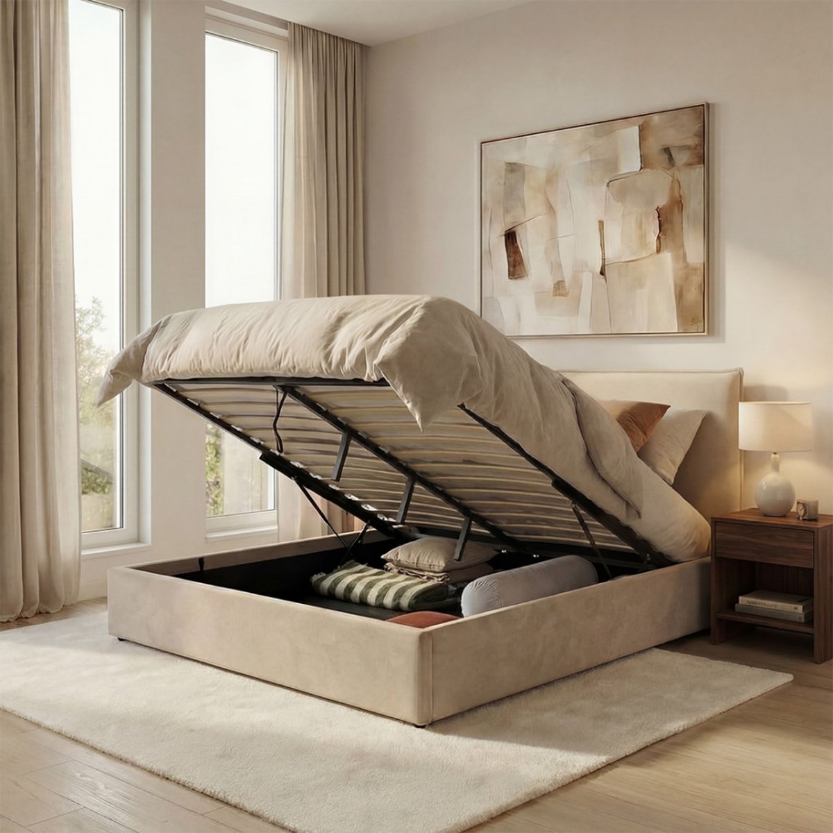 Lit coffre en tissu 160x200cm- CAMA beige, DRAWER