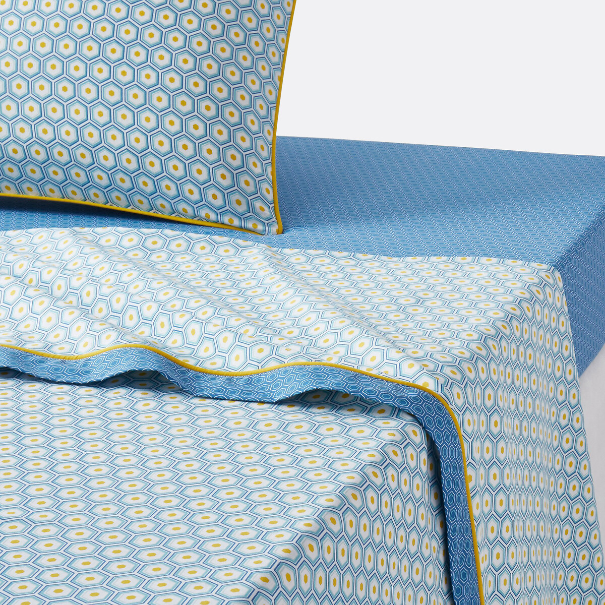 Drap plat coton, Pop Mozaic bleu turquoise/blanc/jaune, LA REDOUTE INTERIEURS
