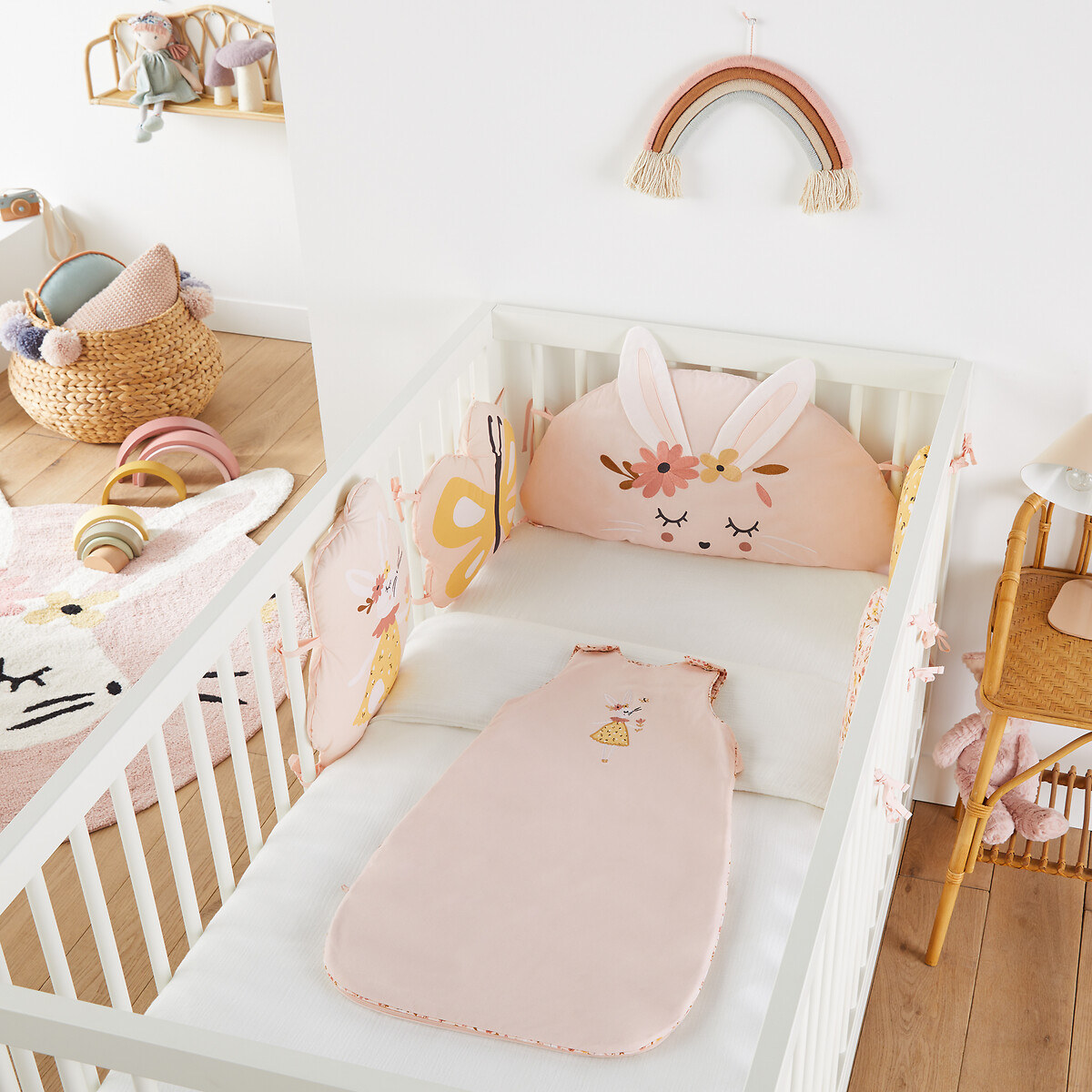 Tour de lit modulable percale bio, Lapin fleuri imprimé rose, LA REDOUTE INTERIEURS