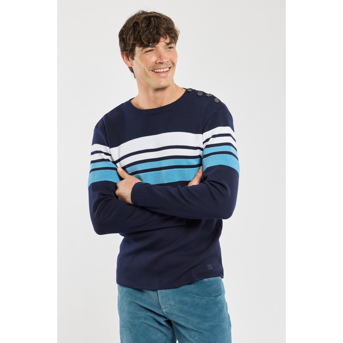 Pull marin Deauville - coton marine deep/waterfall/blan, ARMOR-LUX