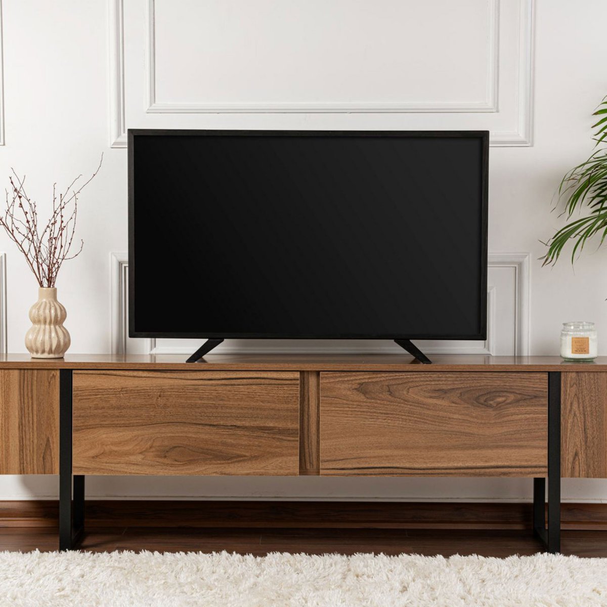 Meuble TV 2 portes en bois et métal L180cm- TOD bois foncé, DRAWER