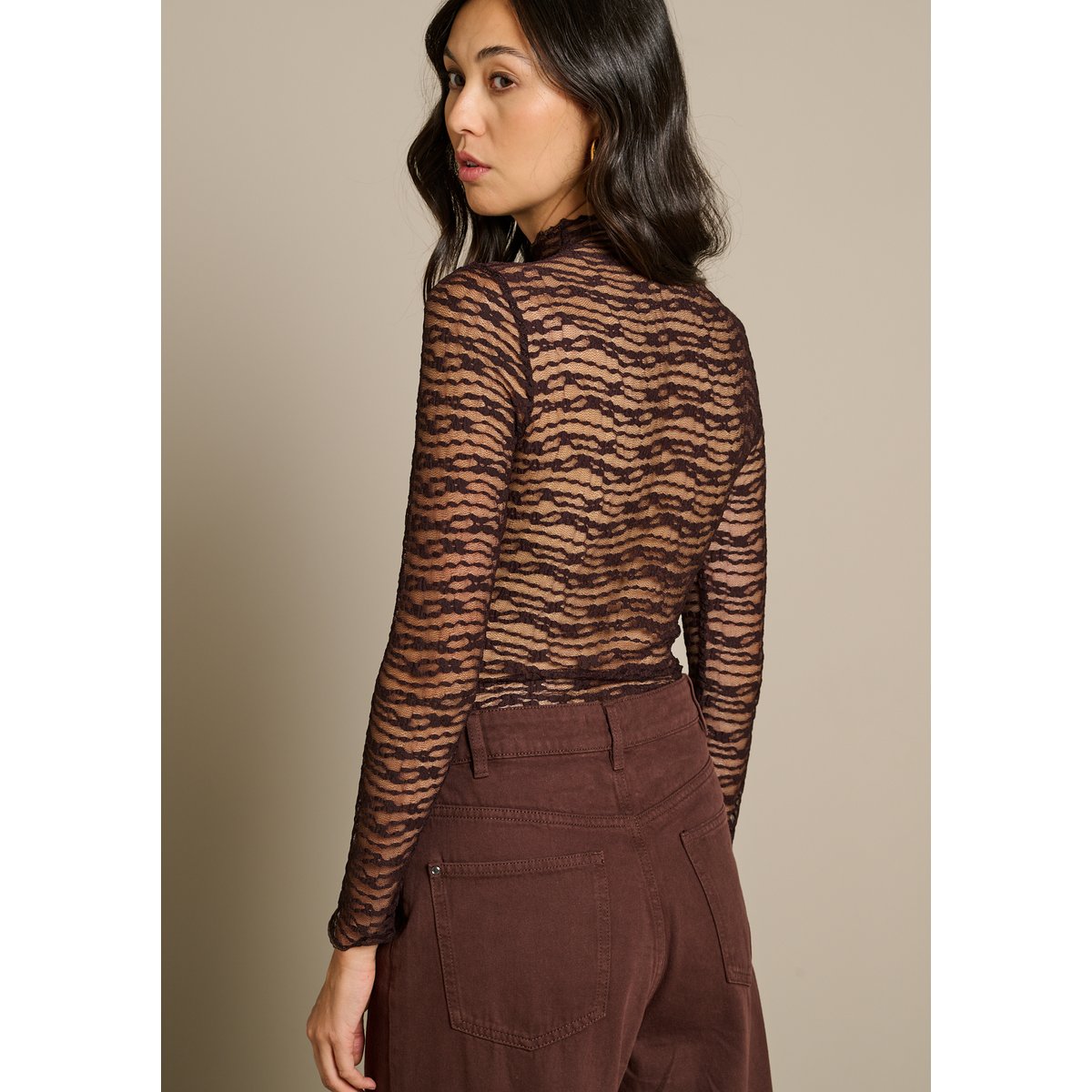 Top dentelle transparente brun fonce chocolate, LOLALIZA