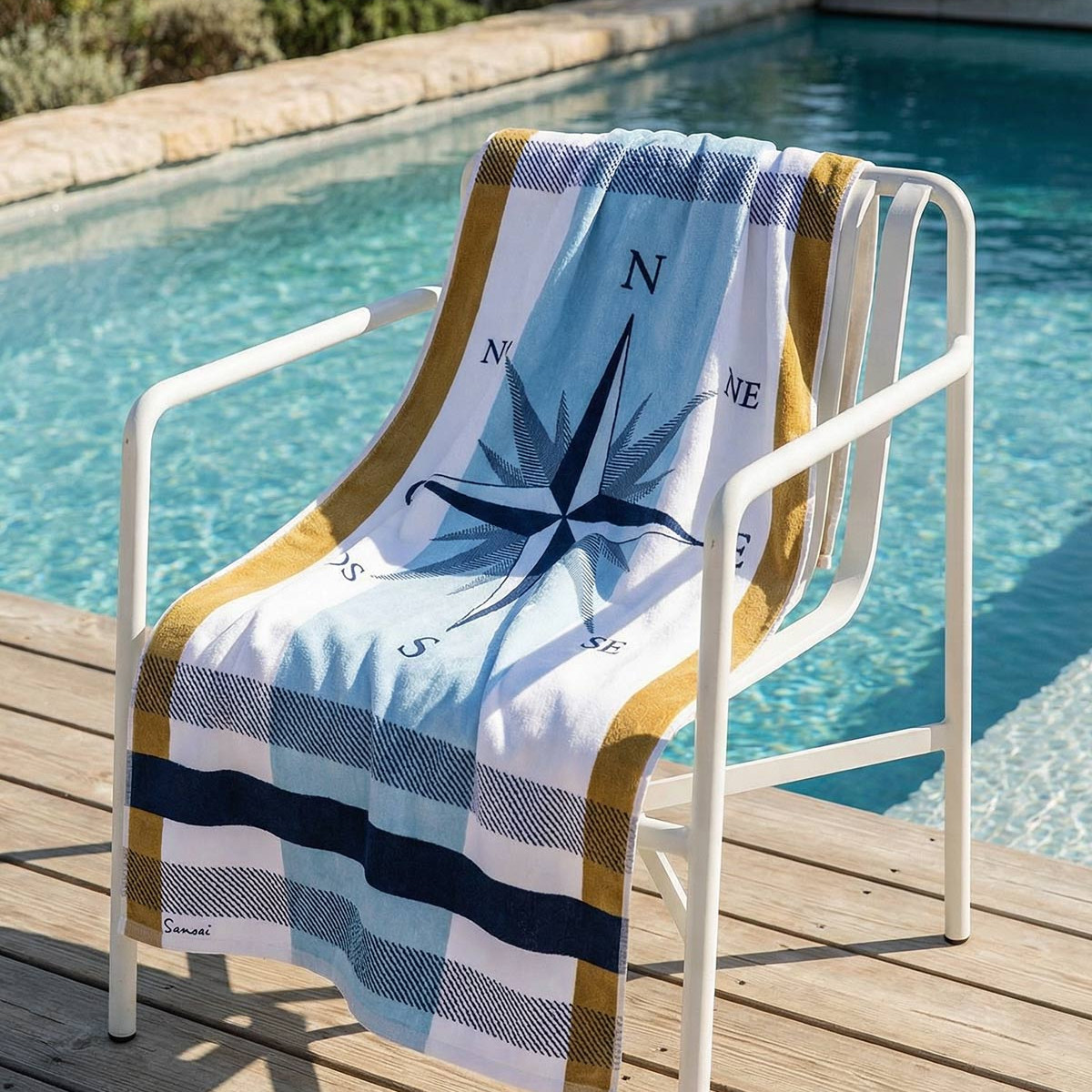 Serviette de plage velours 100x180 cm ROSE DES VENTS bleu nuit, SENSEI MAISON