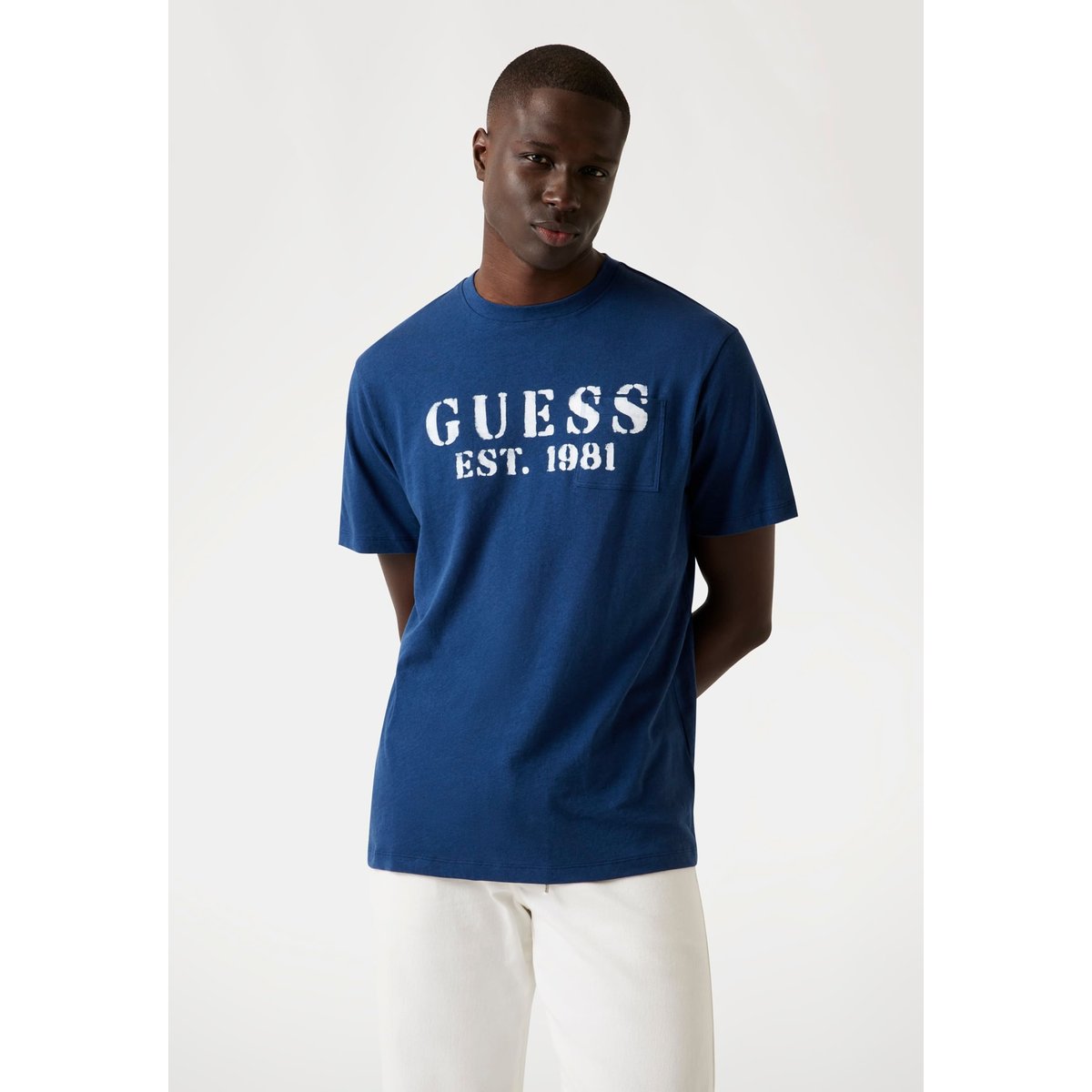 T-Shirt Logo Lin Mélangé bleu, GUESS