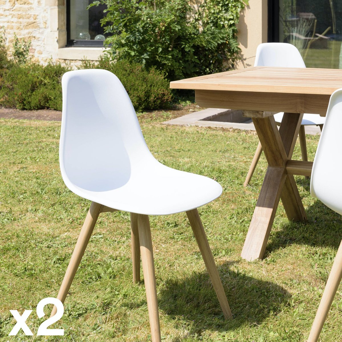 Chaise de jardin style scandinave assise blanche pieds couleur naturelle (lot de 2) GIJON blanc, PIER IMPORT