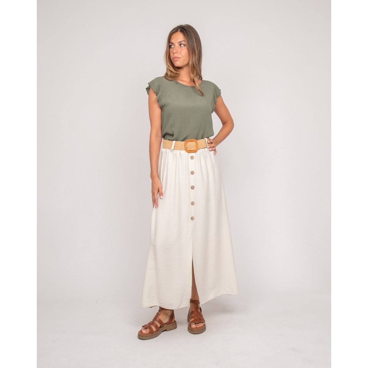 Jupe Longue Boutonnée Avec Ceinture Xeto beige, DONA LISA
