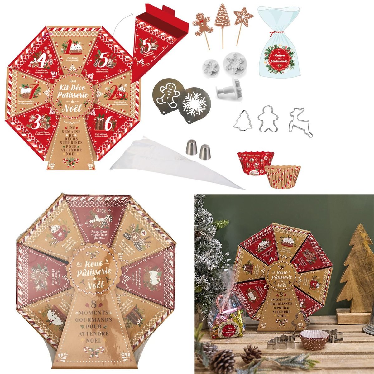 Calendrier de l'Avent Pâtisserie – Roue Déco Gâteaux de Noël 8 Compartiments rouge, TOILINUX
