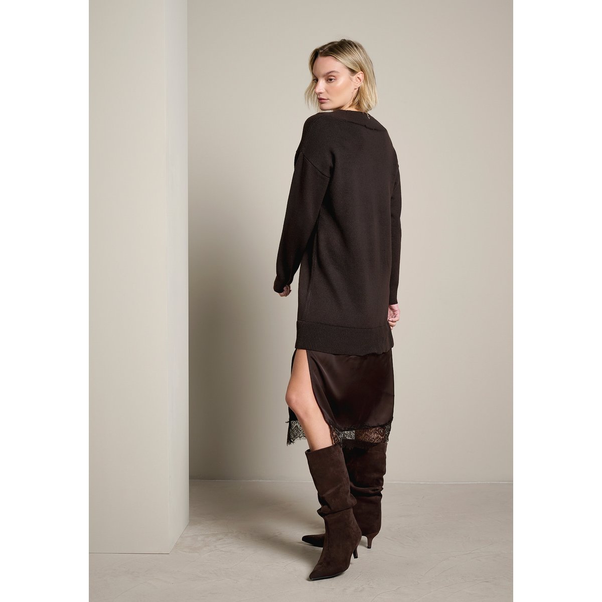 Robe midi bi-matière brun fonce chocolate, LOLALIZA