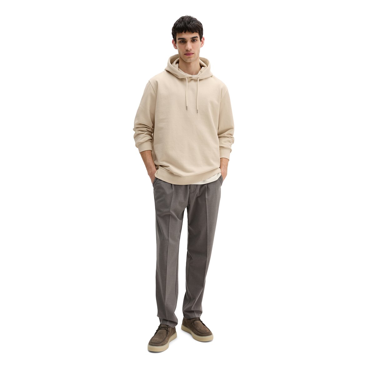 Sweat-shirt à capuche regular garment-dyed avec logo imprimé sur la capuche beige, MARC O'POLO