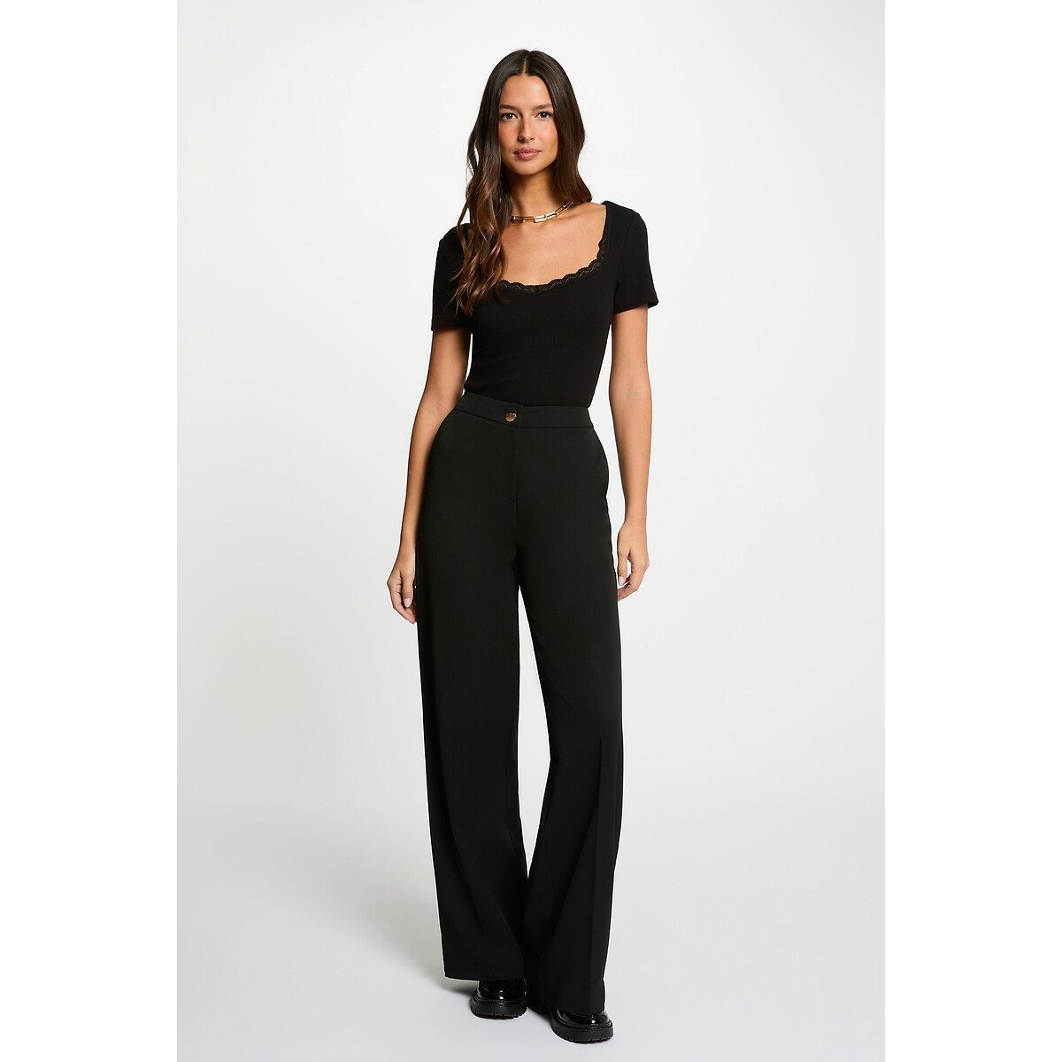 T-shirt a maniche corte con scollo quadrato nero , MORGAN