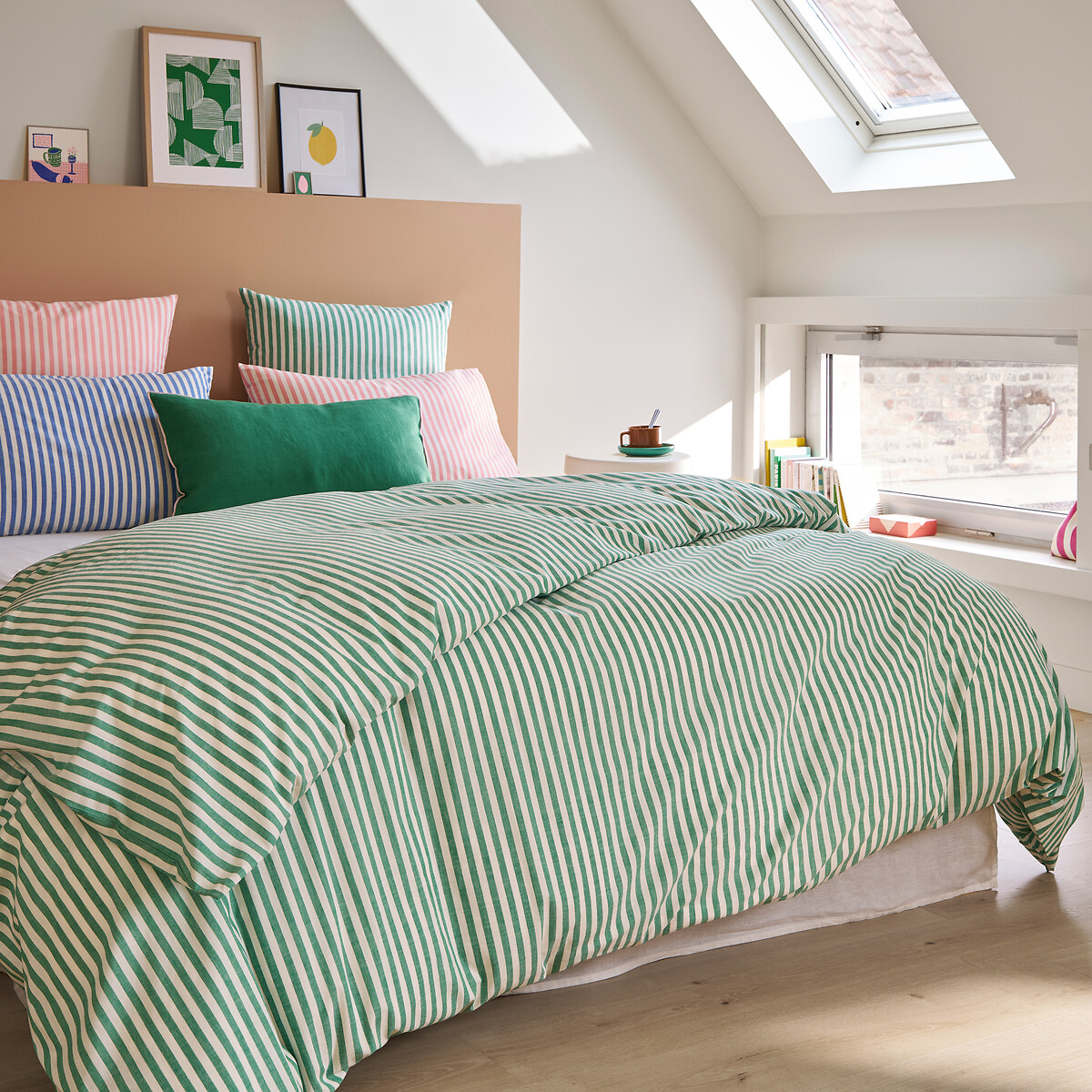 Soizic Green Cotton Duvet Cover green striped, LA REDOUTE INTERIEURS