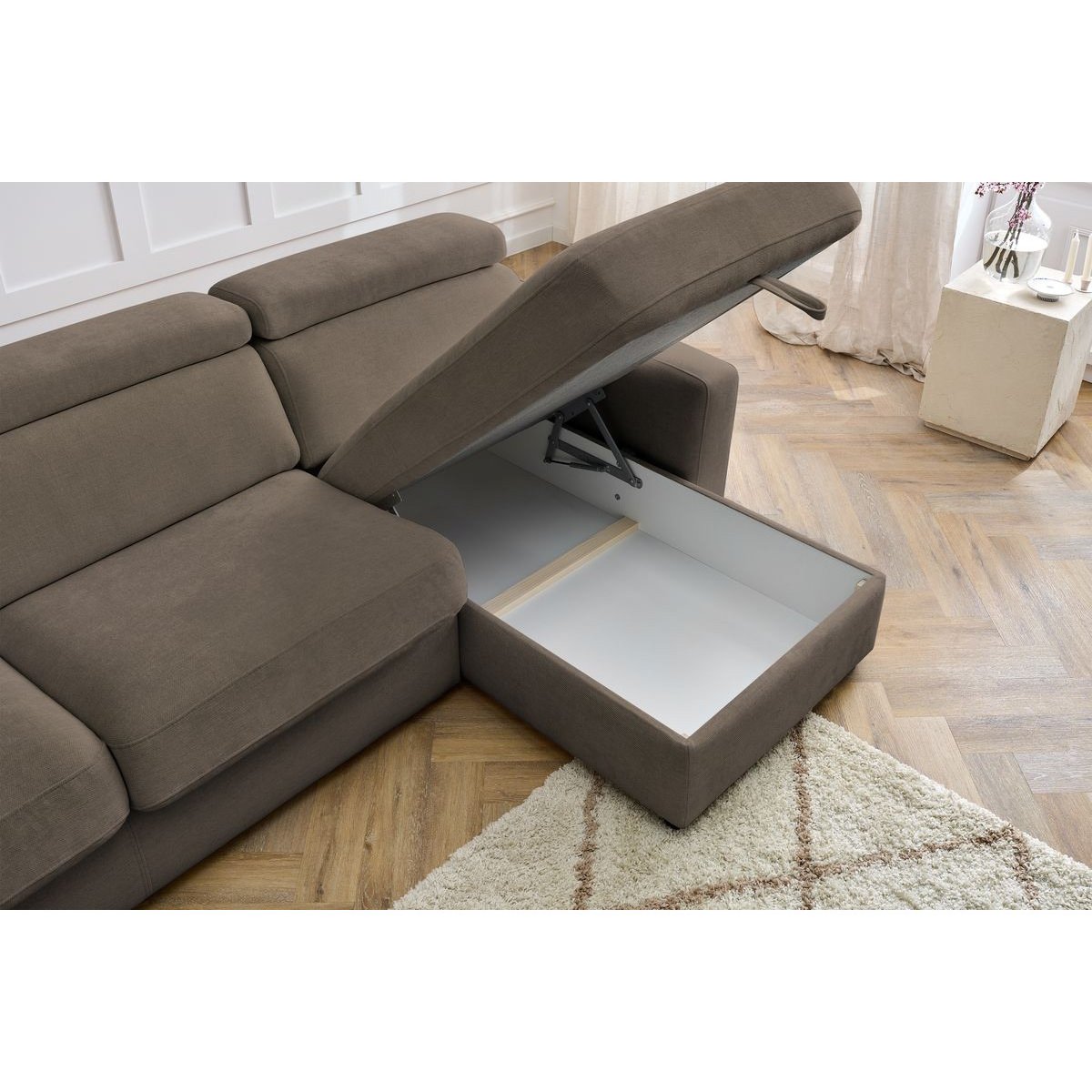 Canapé d'angle convertible 3 places en tissu couchage 140x190 cm, MONACO marron, BOBOCHIC