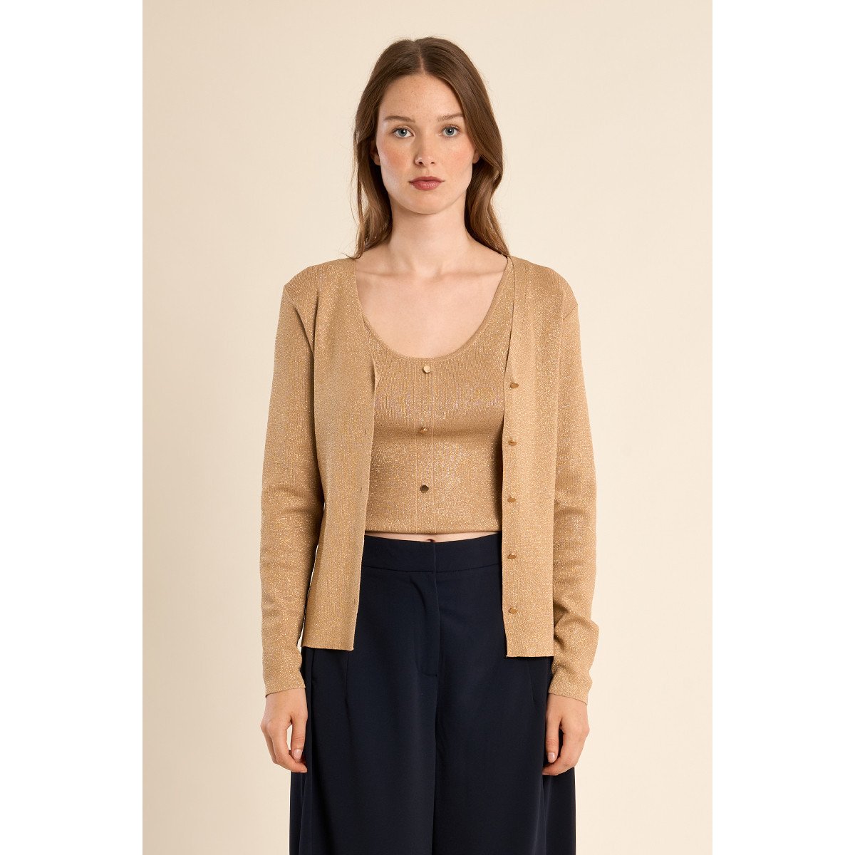 Gilet basique, col V golden beige, MOLLY BRACKEN