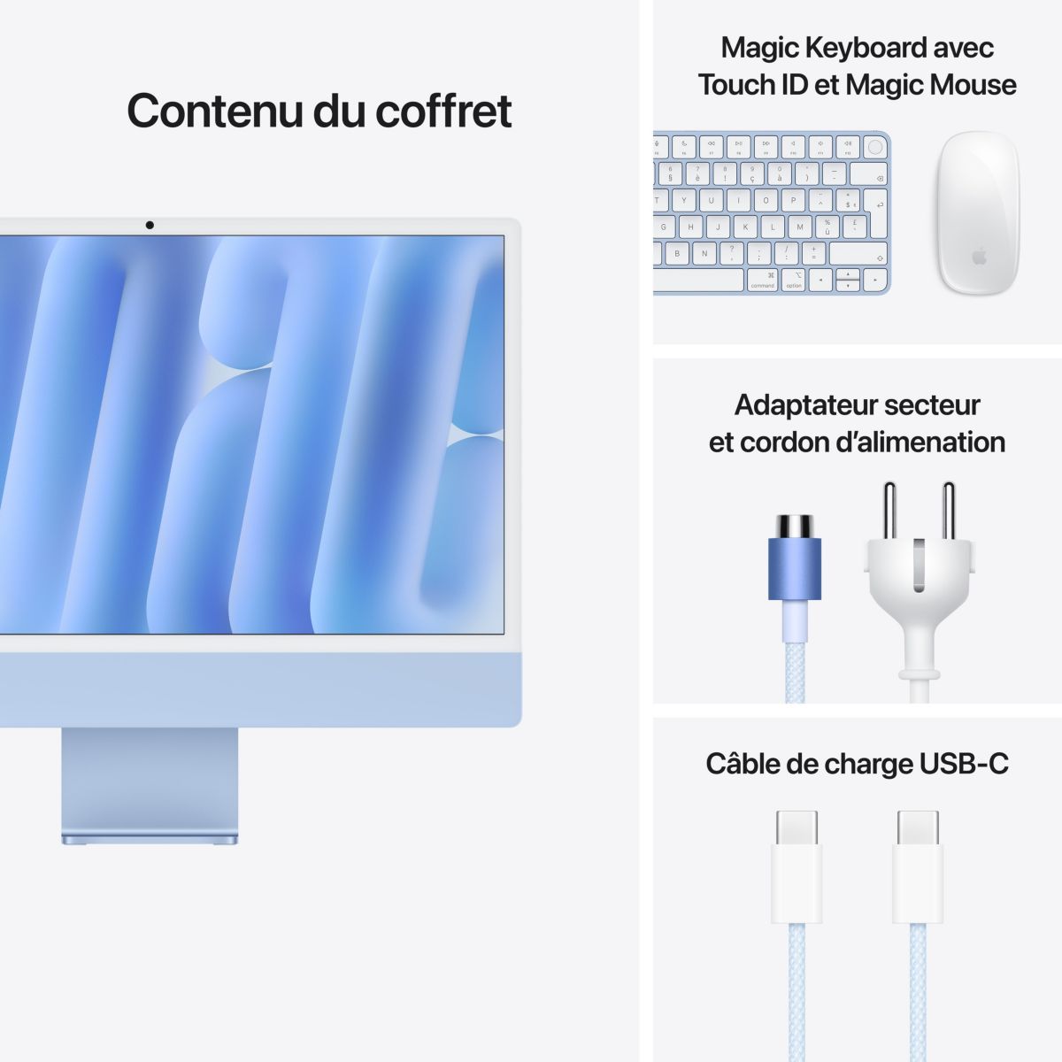 Ordinateur Apple 24" Ecran Retina 4,5K Puce M4 CPU 10 / GPU 10 coeurs Mémoire RAM 16Go Stockage 256Go SSD Bleu couleur unique, APPLE