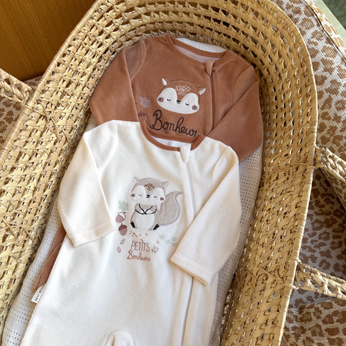 Lot de 2 pyjamas bébé en velours ouverture zippée Caramel marron, PETIT BEGUIN