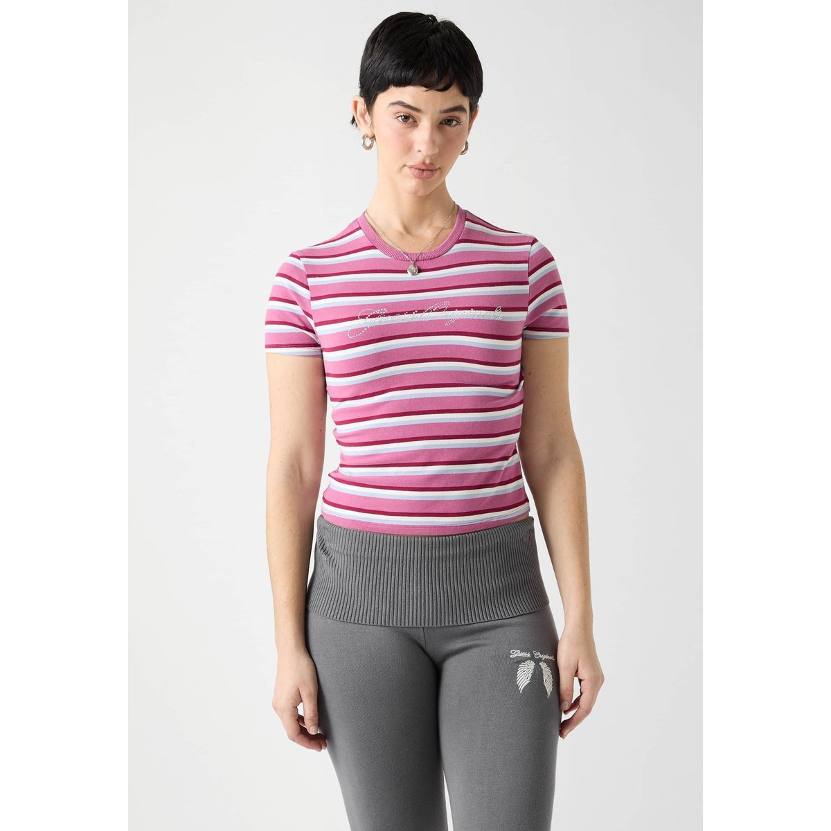 T-Shirt Court À Rayures rose multi, GUESS JEANS
