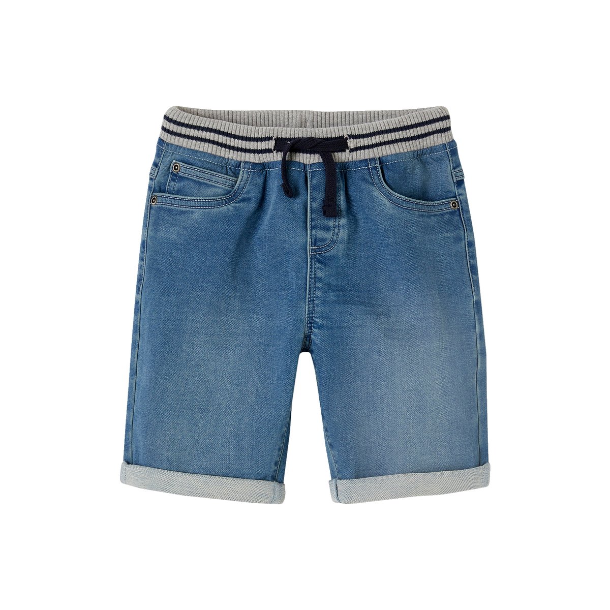 Bermuda facile à enfiler en molleton effet denim double stone, VERTBAUDET