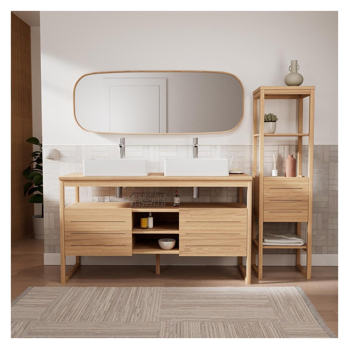 Ensemble meuble double vasque 140 cm + Vasques + Robinets + Miroir + Colonne ATOLL chêne - mdf - mat, MOB IN