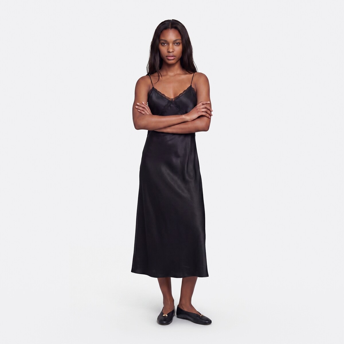 Robe longue en satin à fines bretelles et dentelle noir, LA REDOUTE COLLECTIONS