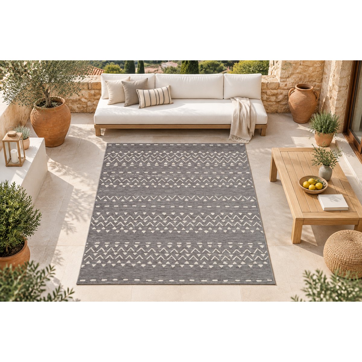 Tapis deco interieur exterieur ethnique KALIMBA gris minéral, AFK LIVING
