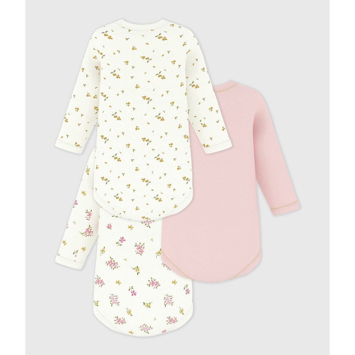 Lot de 3 bodies manches longues, en coton, imprimé fleurs rose + blanc, PETIT BATEAU