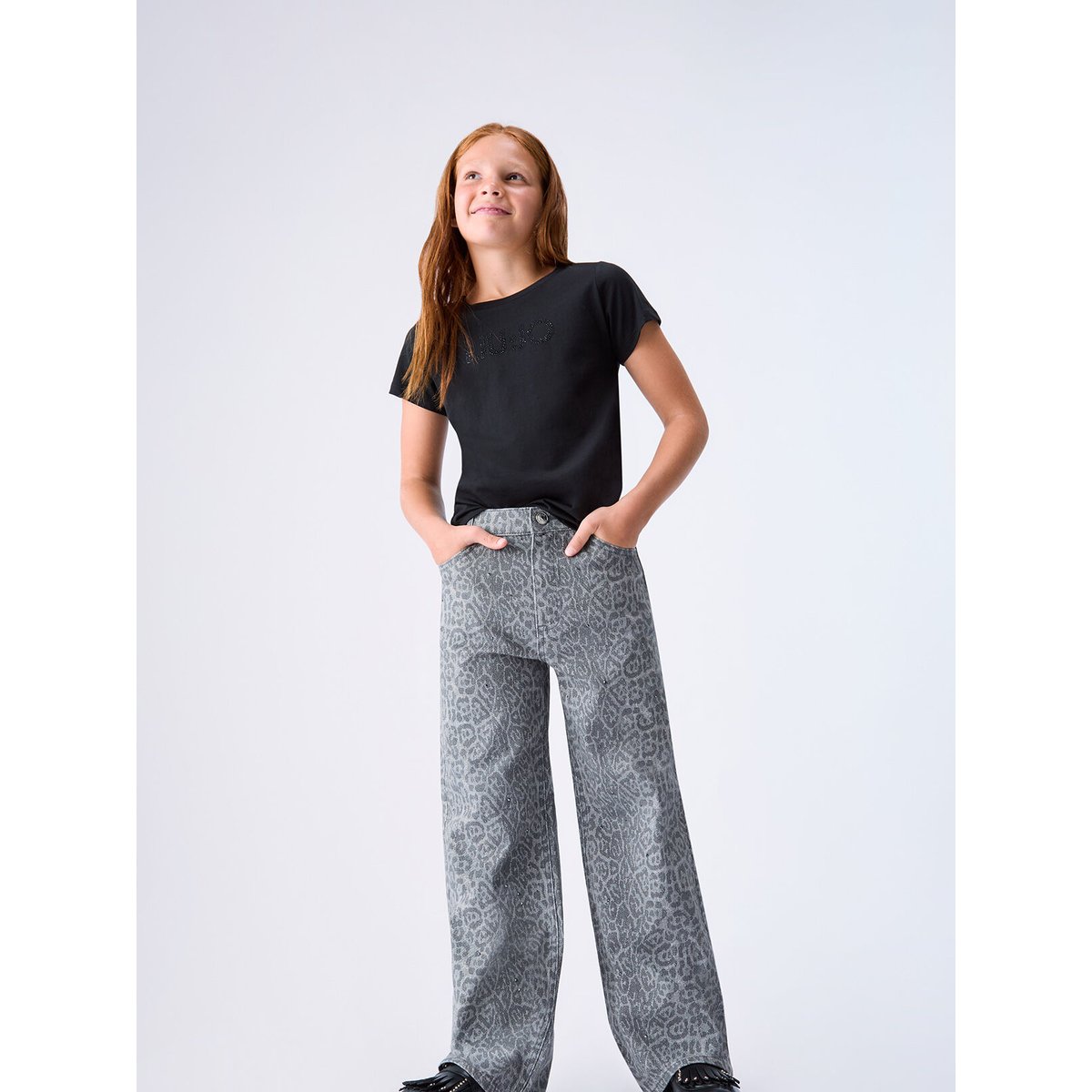 Pantalon imprimé animal avec strass gris animalier, LIU JO