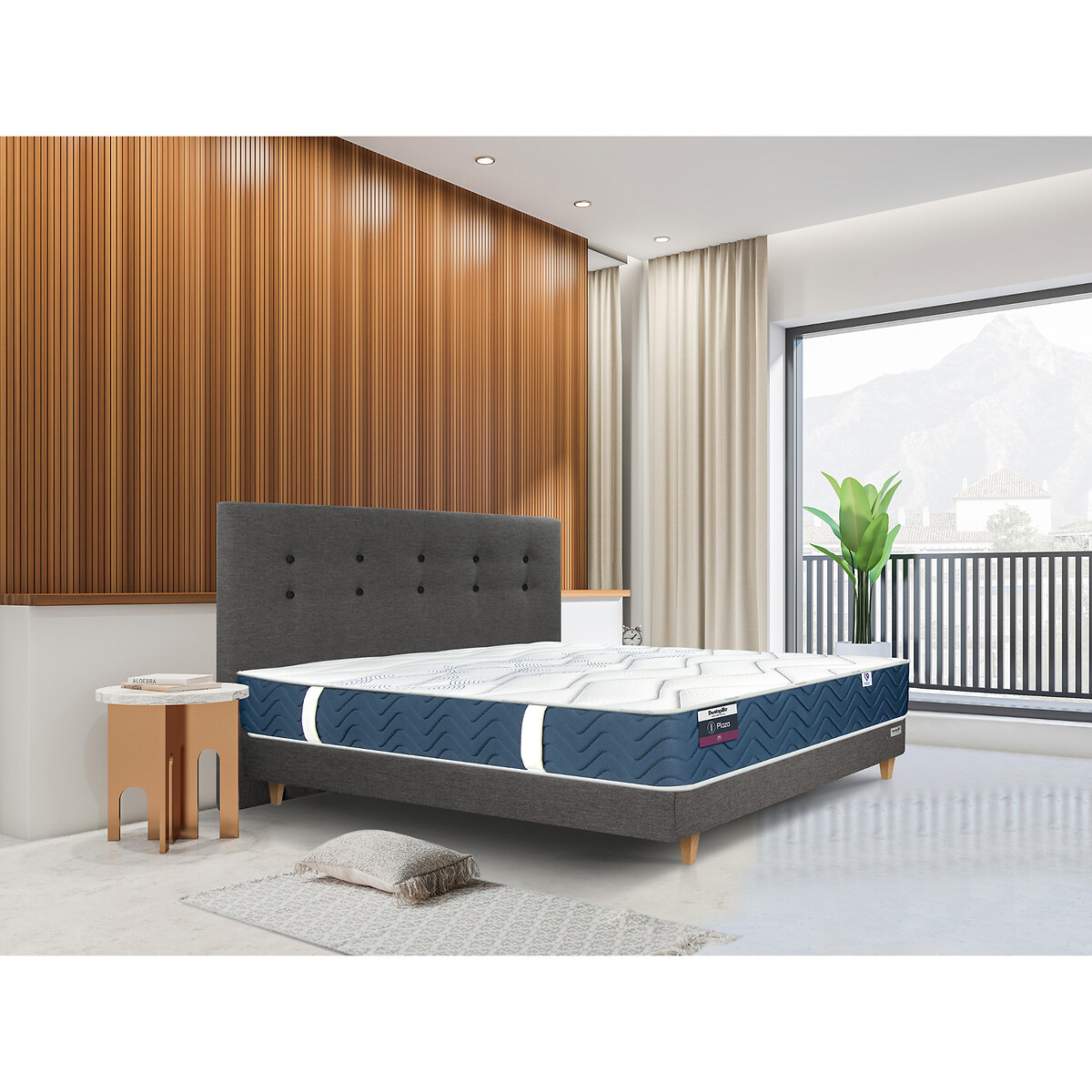 Matelas Plaza 458 ressorts ferme 5 zones H25 cm blanc/bleu, DUNLOPILLO