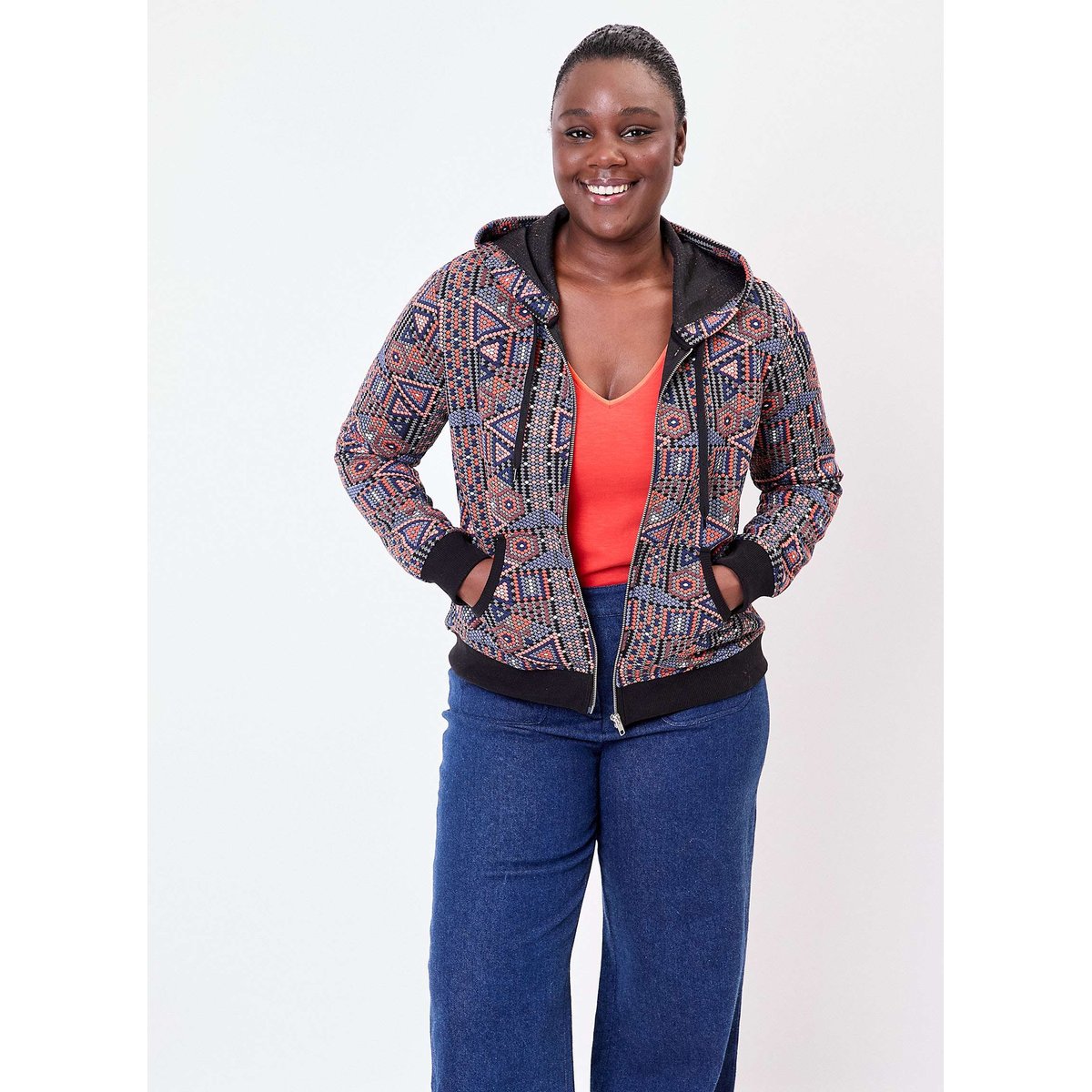 Sweat zippé maille jacquard YUMI bleu orange, LA FIANCÉE