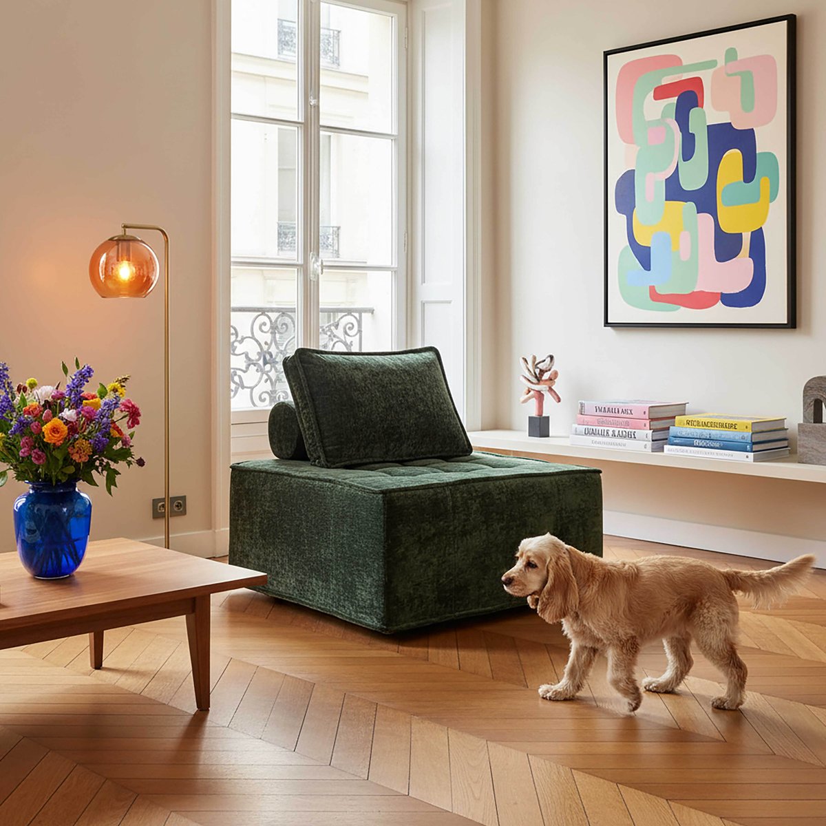 Fauteuil en tissu avec coussin type chauffeuse, TIBY vert, OVIALA