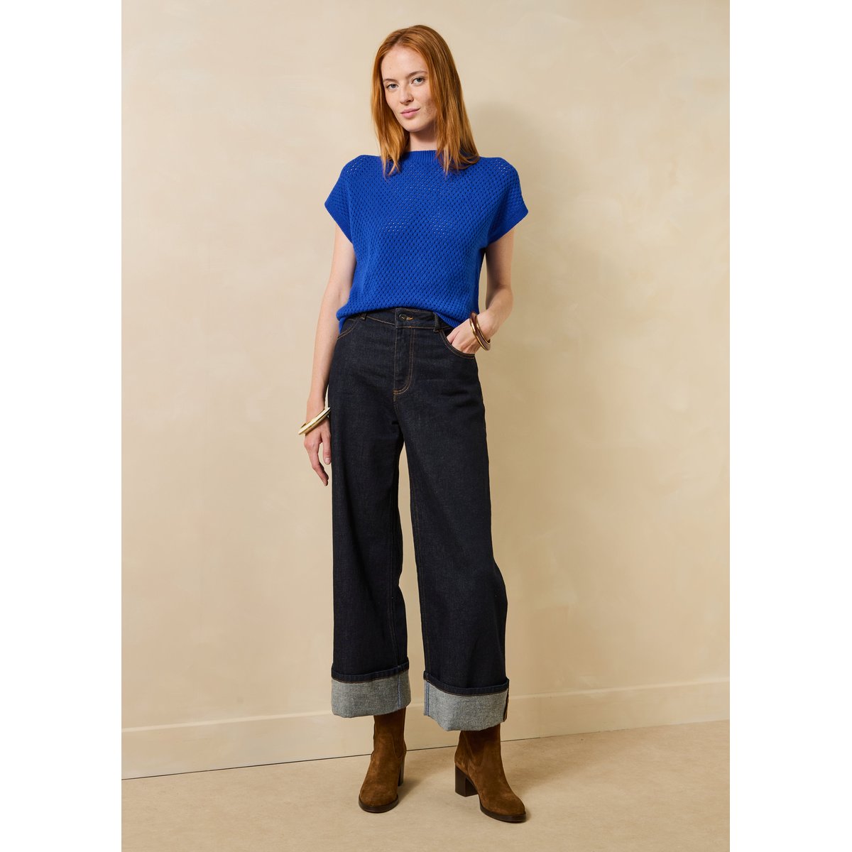 Pull manches courtes en maille col rond bleu roi, LA FEE MARABOUTEE