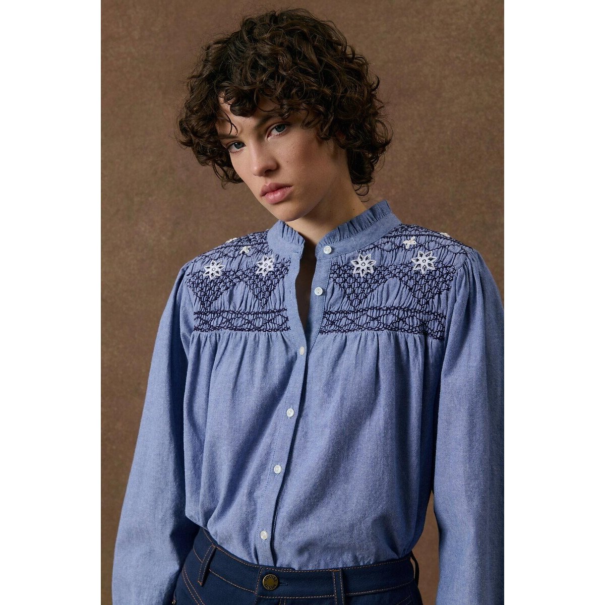 Blouse col rond brodée et smockée, LOUISE bleu, LOUISE MISHA
