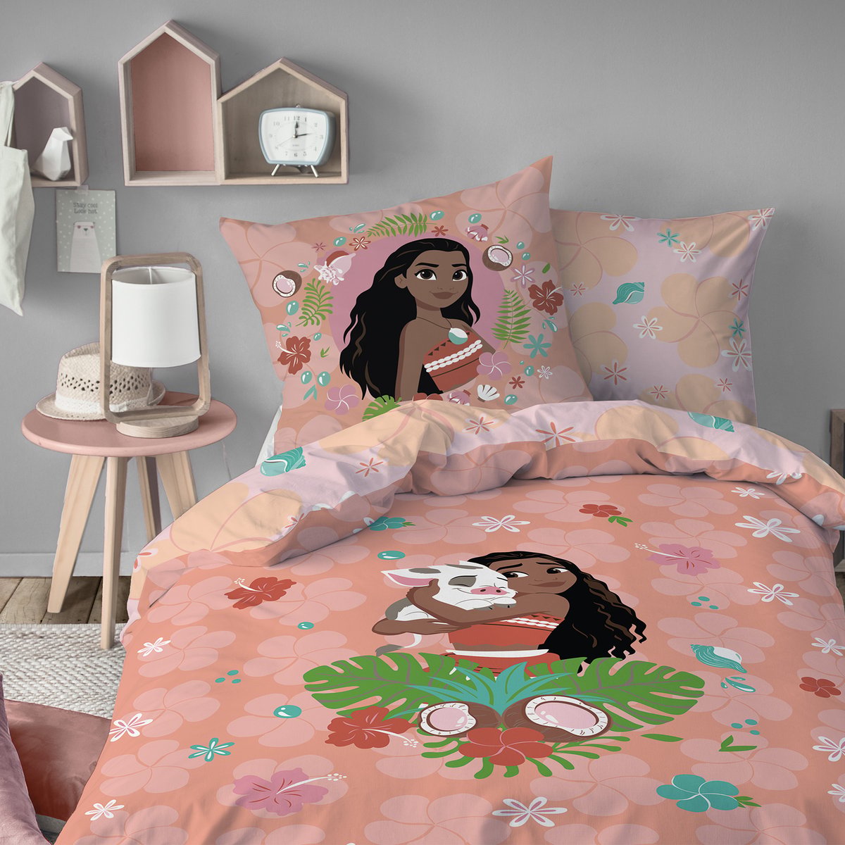Parure de lit imprimée 100% coton, VAIANA FLEUR rose, DISNEY PRINCESS