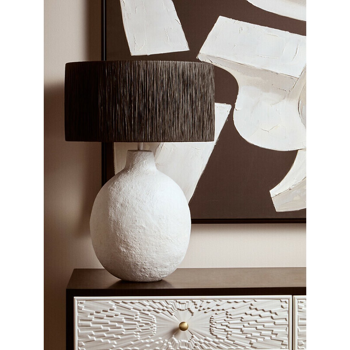 61cm Coole Papier Mache Style Table Lamp With Black Raffia Shade black/white, ÉDITÉ