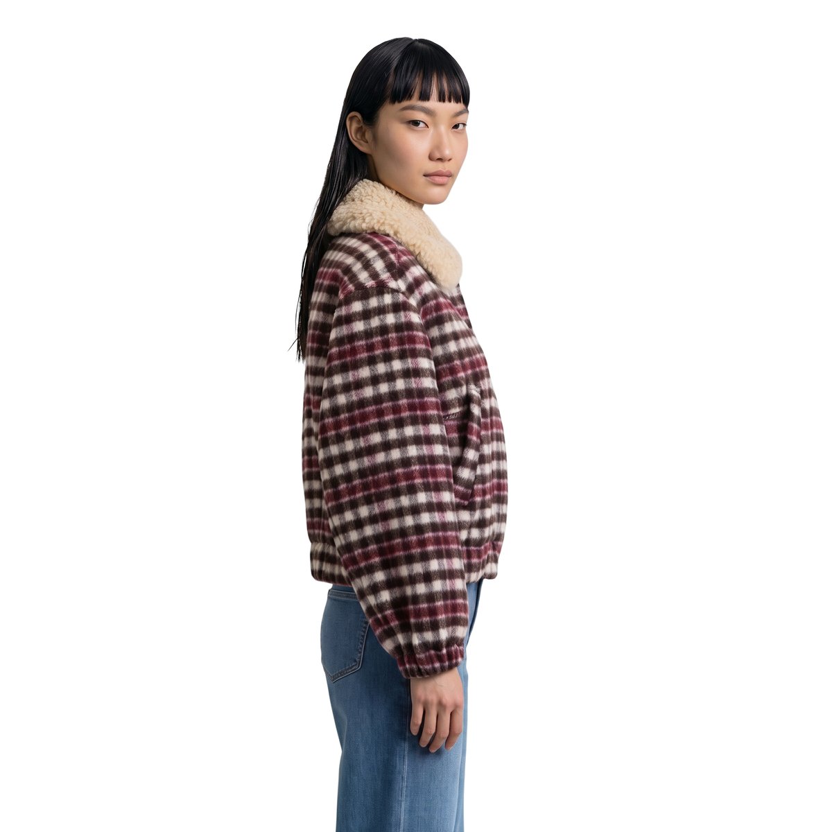Blouson en laine à carreaux, coupe regular avec un col en peluche amovible blanc, MARC O’POLO DENIM