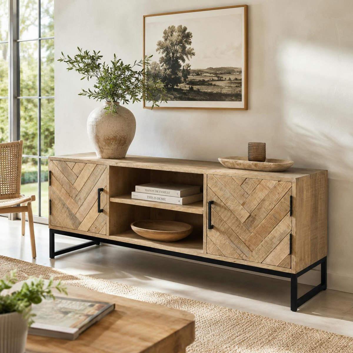 Meuble TV en bois de manguier 2 portes BRIX bois naturel, PIER IMPORT
