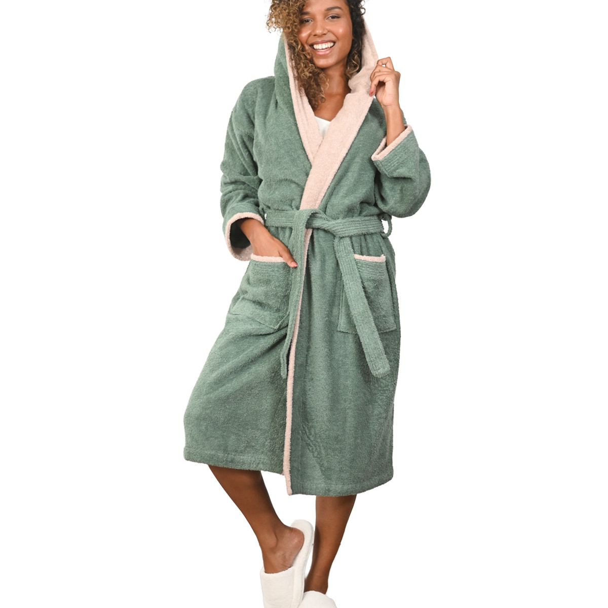 Peignoir mixte à capuche bicolore 420 g/m² DOZMARY lichen, SENSEI MAISON