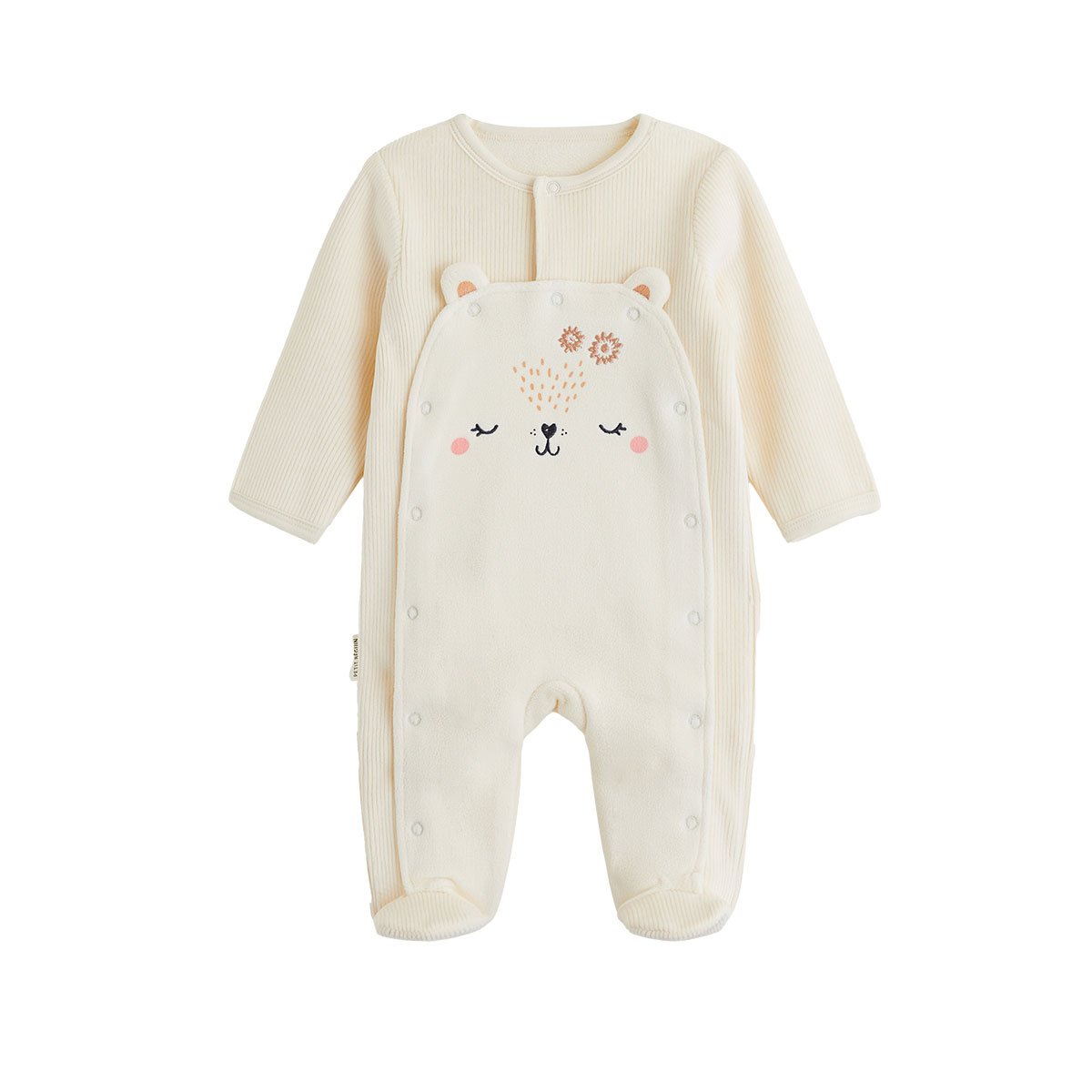 Pyjama bébé en velours ouverture pont Neige ecru, PETIT BEGUIN