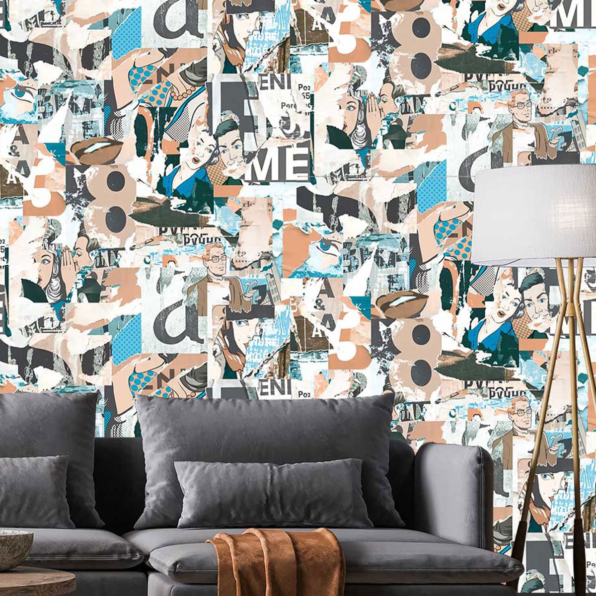 Papier peint graphique collage pop art gris, HEXOA