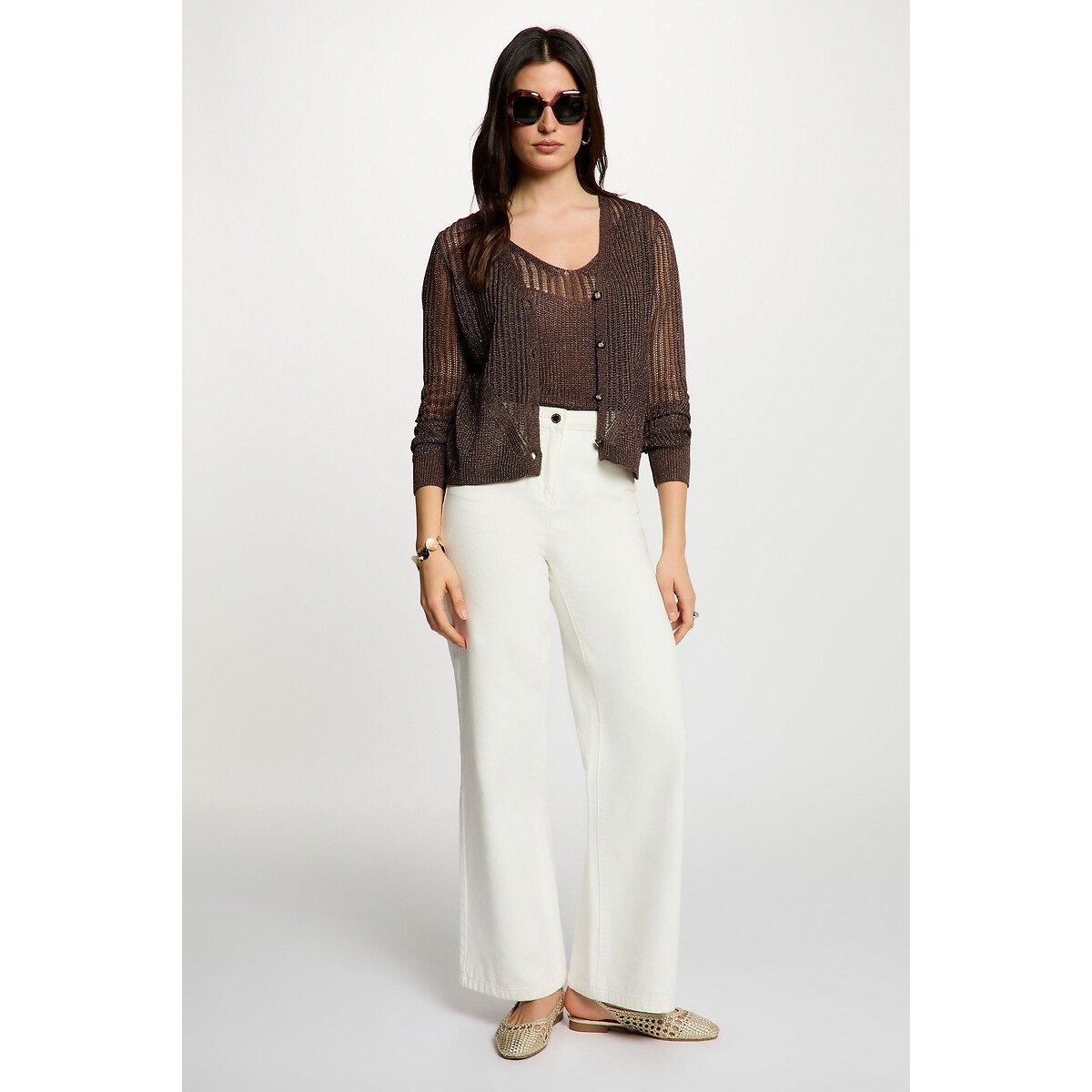 Gilet manches longues ajouré chocolat, MORGAN