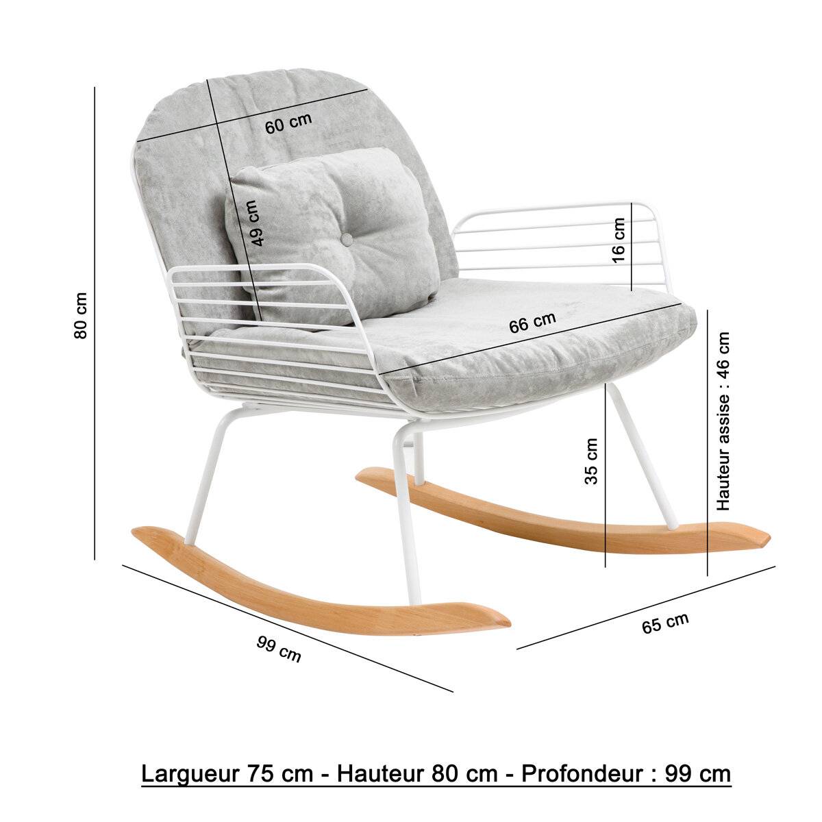Rocking chair en métal et tissu ETHAN gris, MADE IN MEUBLES