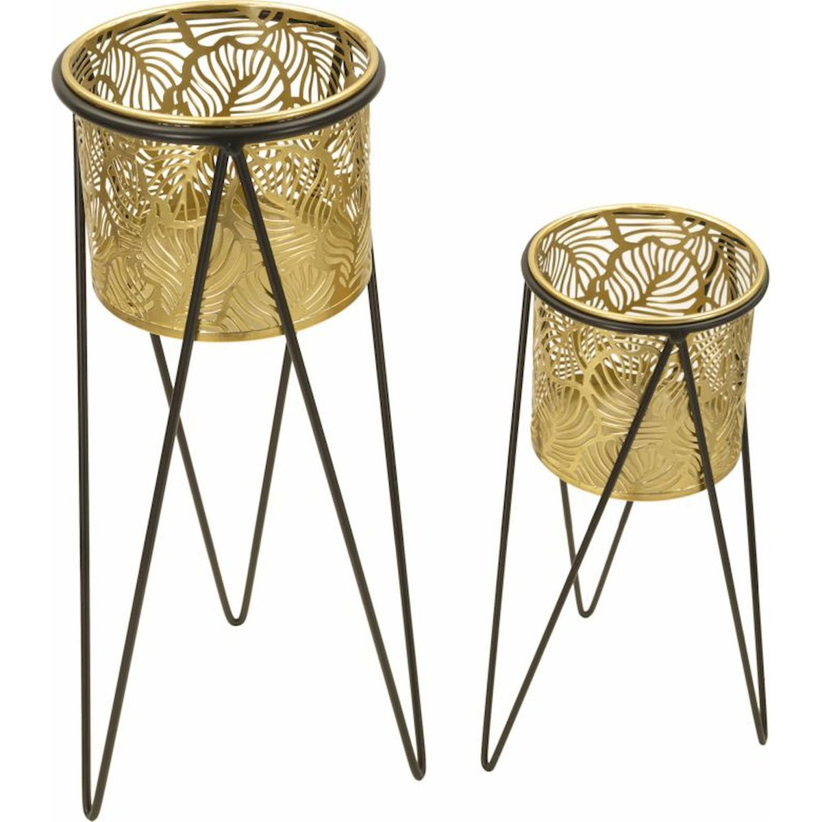 Lot de 2 cache-pots sur pied en fer ajouré GLAM noir et doré, RECOLLECTION