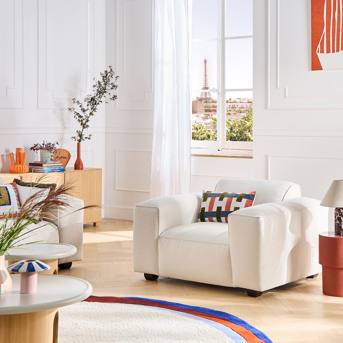 Fauteuil droit polyester POSADA II ivoire, HABITAT