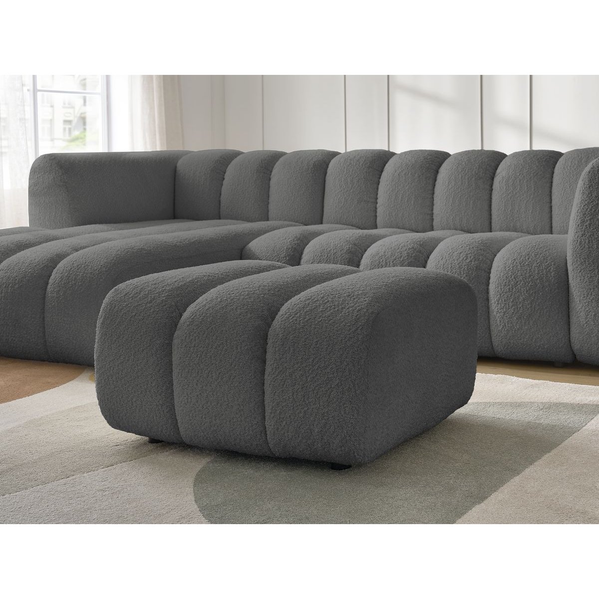 Canapé d'angle fixe 4 places en tissu bouclette avec pouf, TALIA gris foncé, BOBOCHIC