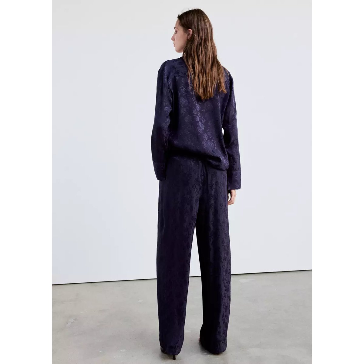Pantalon jacquard fleuri bleu, MANGO