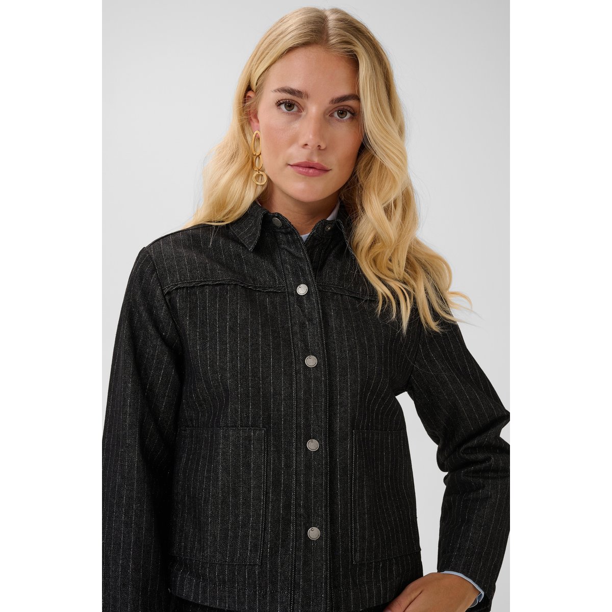 Chemise à manches longues noir black with silver pinstripe, CREAM