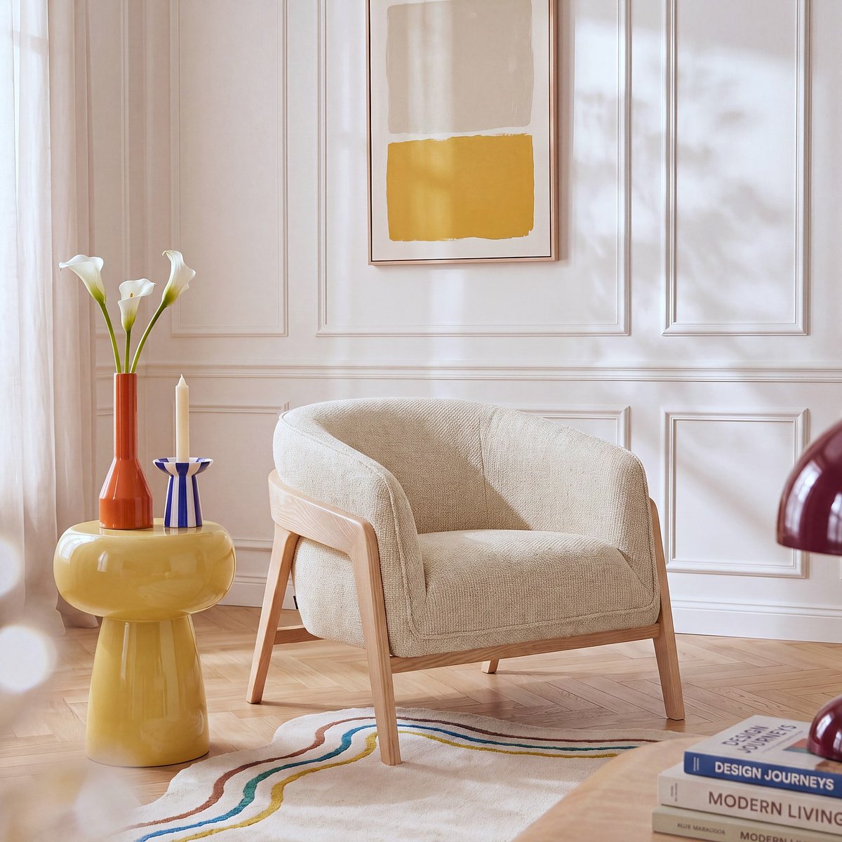 Fauteuil droit polyester CALUSO crème, HABITAT