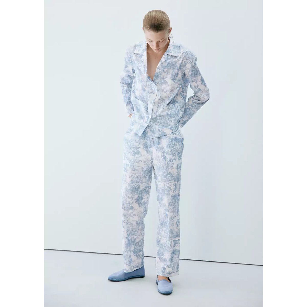 Chemise coton imprimée bleu, MANGO