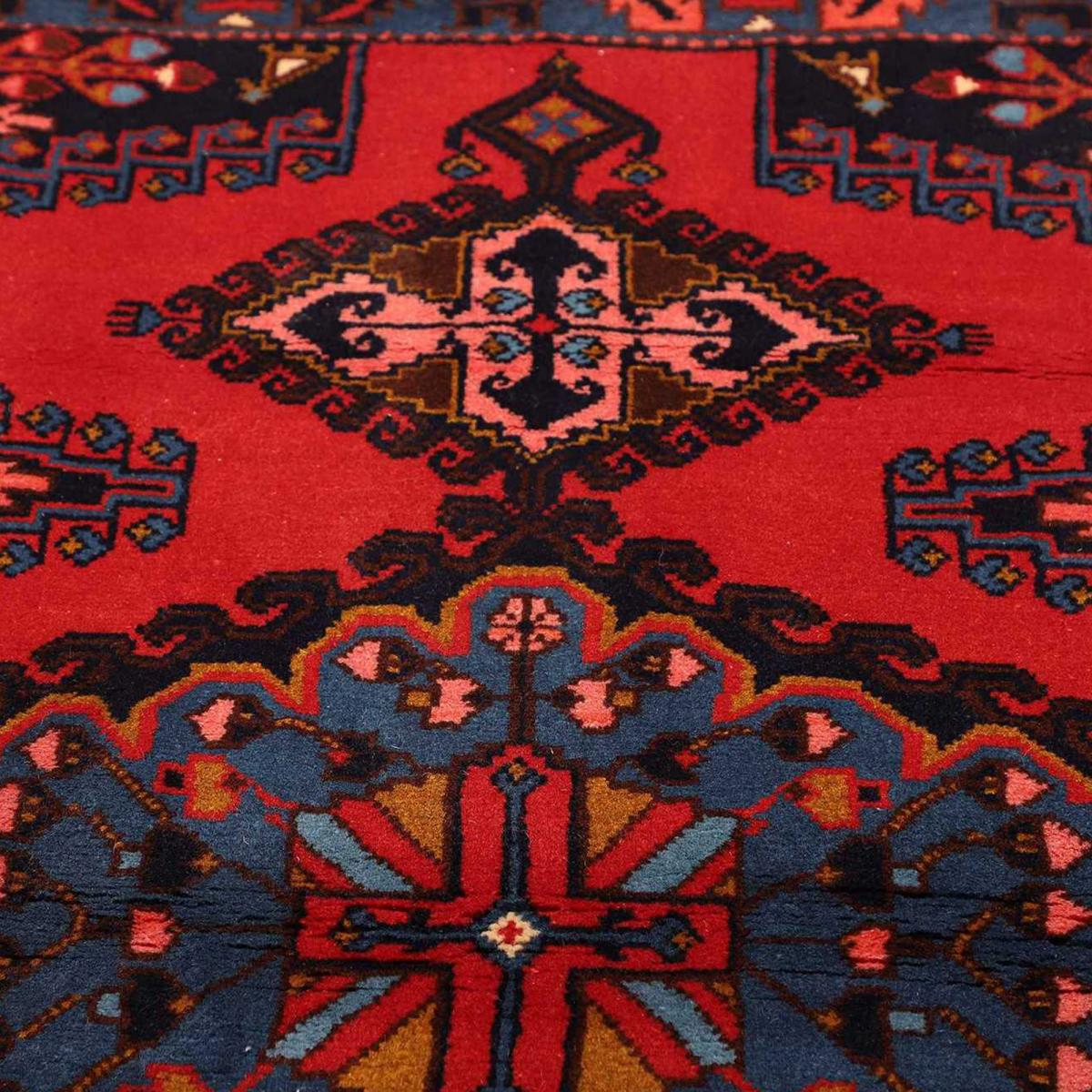 Tapis d'orient, motif oriental authentique, noué main, HAMADAN 179 rouge, bleu, rose, UN AMOUR DE TAPIS