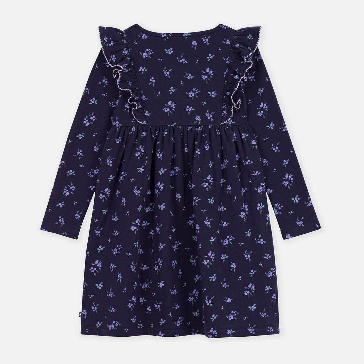 Robe manches longues, avec volants, imprimé floral, en coton bleu marine imprimé, PETIT BATEAU