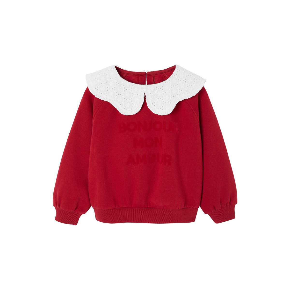 Sweat col brodé message flock velours rouge, VERTBAUDET